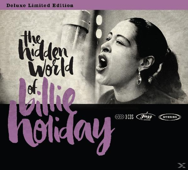 Billie Holiday album borítója, amint mikrofonba énekel. Fekete-fehér fotó lila szöveggel.