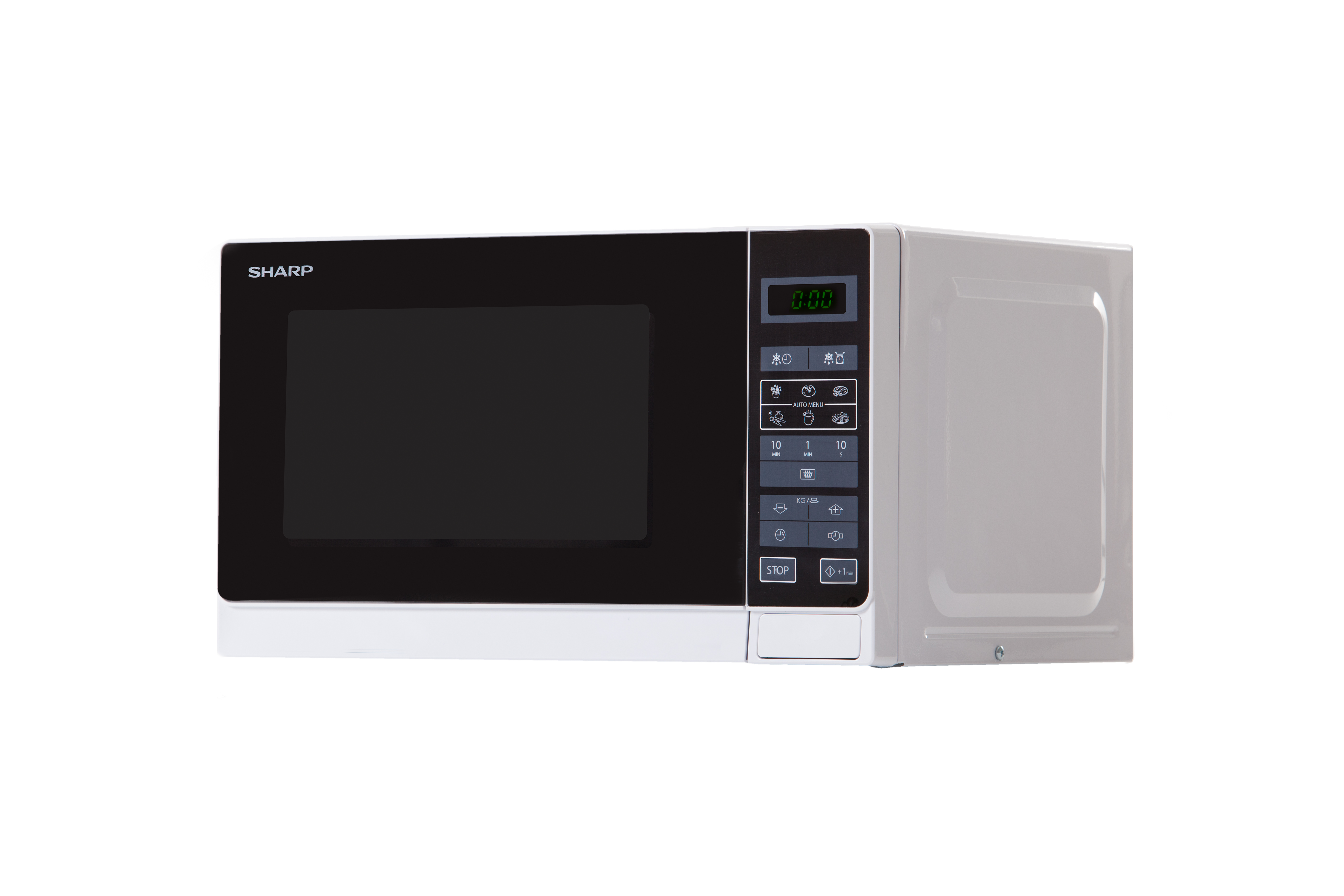 A white microwave with a black door and control panel. The display shows 0:00. Sharp logo is visible.