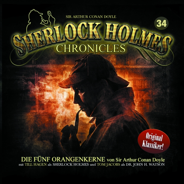 DVD-Cover für Sherlock Holmes Chronicles mit einer Silhouette von Holmes. Der Text lautet "Die Fünf Orangenkernen".