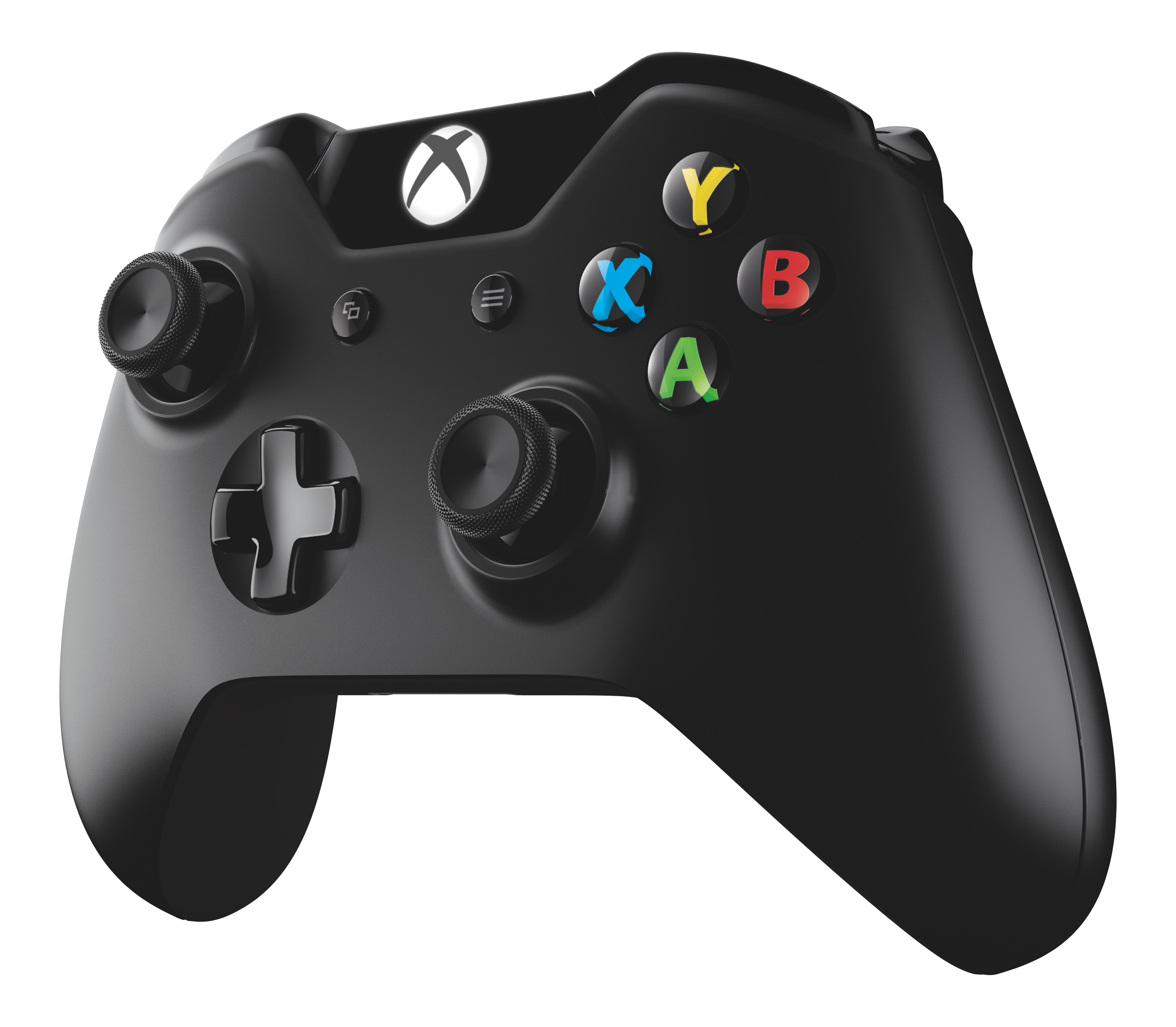 Schwarzer Xbox-Controller mit farbigen Tasten und Joysticks. Weißer Hintergrund.