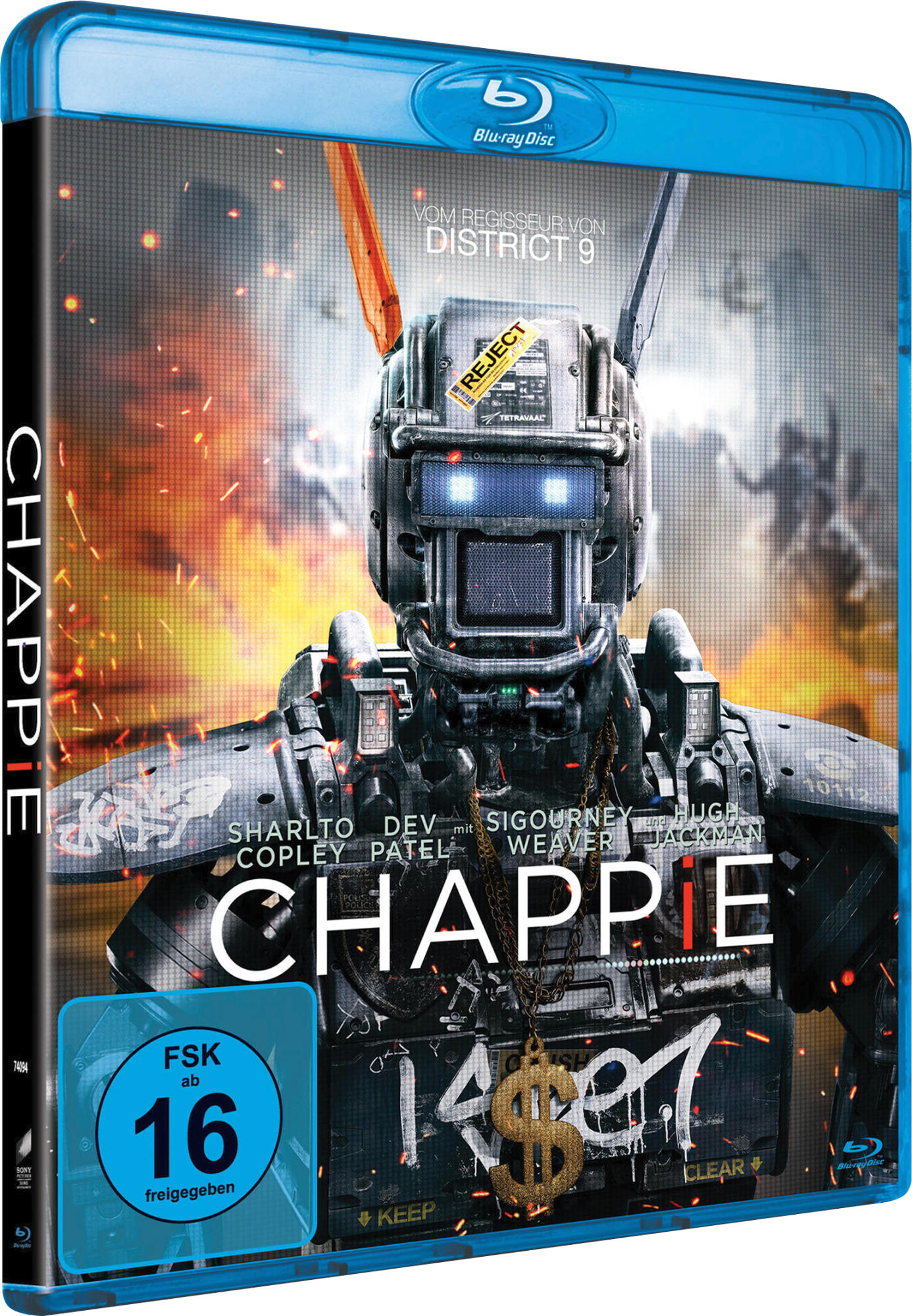 Filmcover mit einem Roboter auf der Vorderseite und Schauspielernamen.