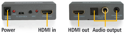 Rear view of a grey HDMI audio extractor box showing power, HDMI in, HDMI out, and audio ports.