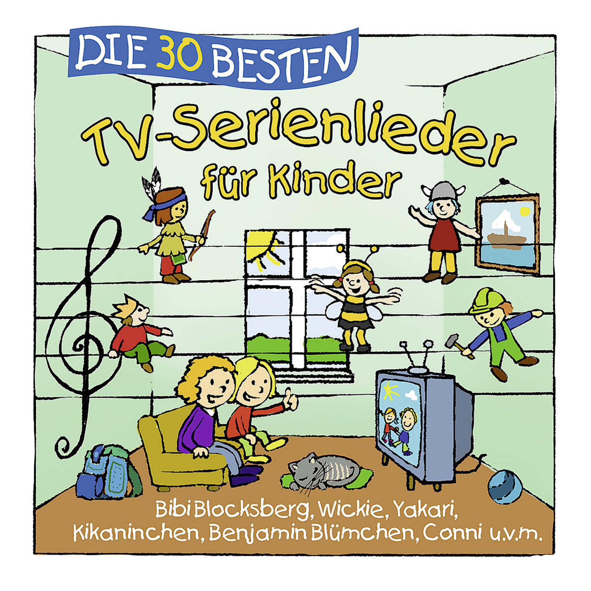 Buntes Cartoon-Cover von Kinder-TV-Serien-Liedern. Illustrationen von Charakteren und ein Notensystem.