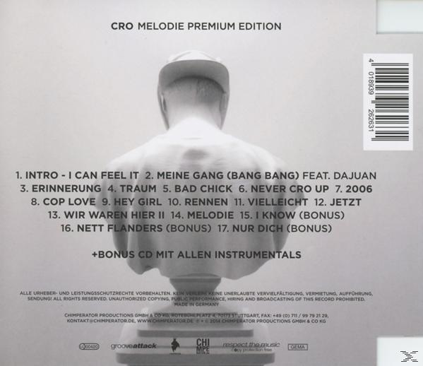 Rückseite einer CD-Hülle, Text in zwei Spalten. 'CRO Melodie Premium Edition'. Büste eines Mannes.