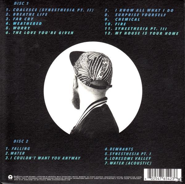 Achterkant album: Tekst met tracklist, silhouet van man in witte cirkel.