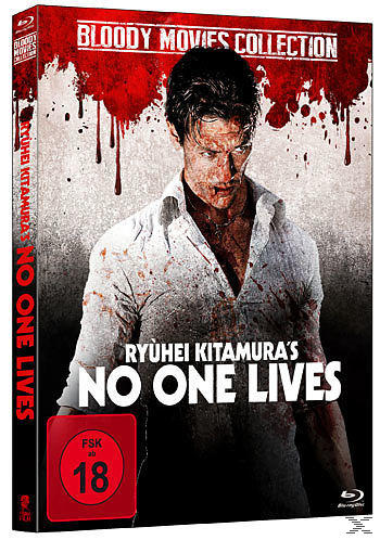 DVD-Cover des Films 'No One Lives'. Mann mit Blut im Gesicht. Der Titel ist rot.