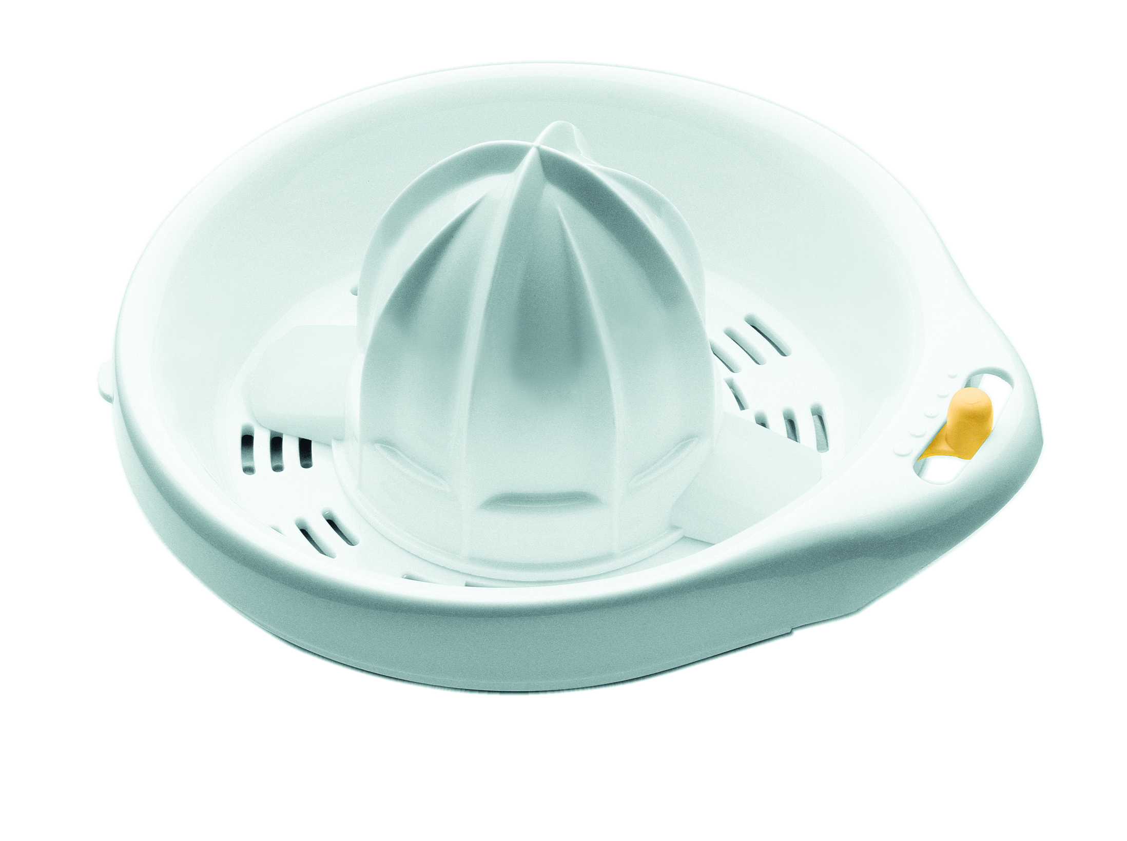 A white citrus juicer with a yellow button, on a white background.
