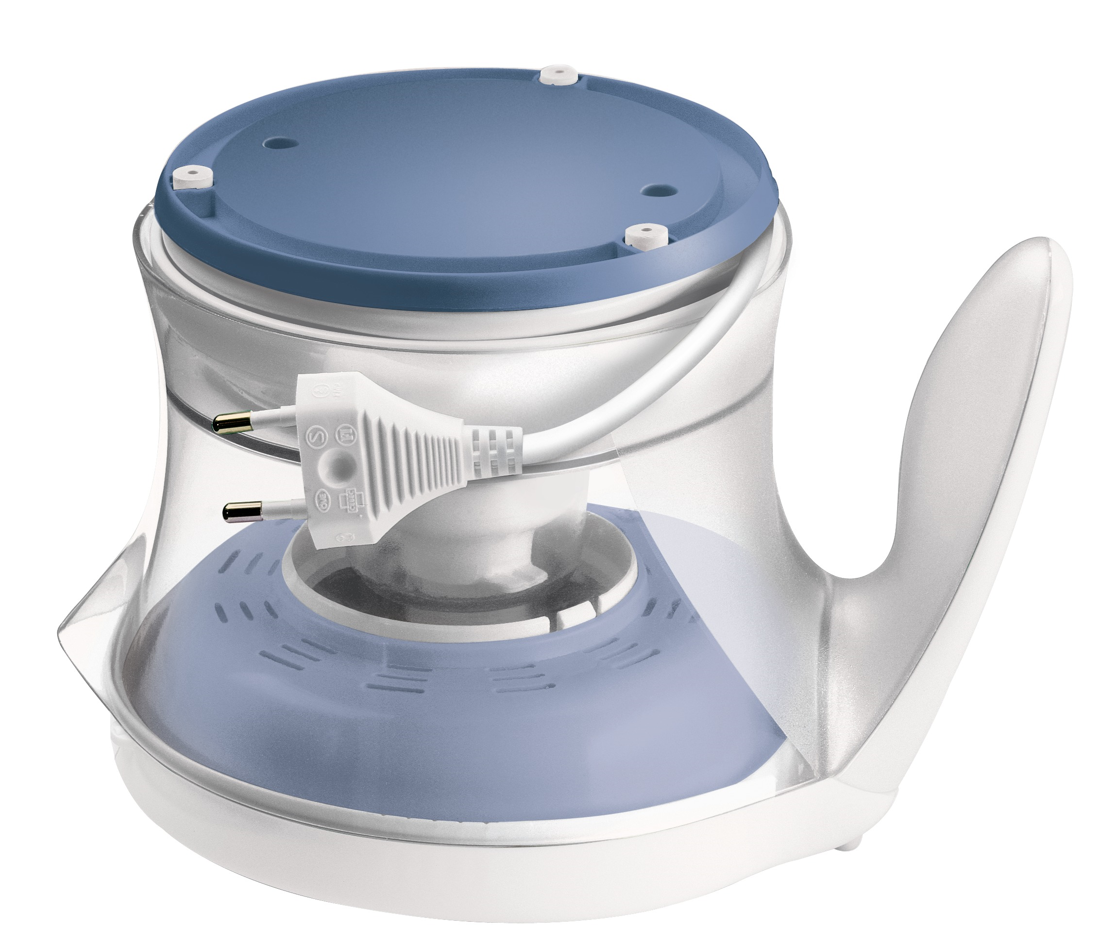 Transparent electric kettle with blue base and lid, white handle, and plug.