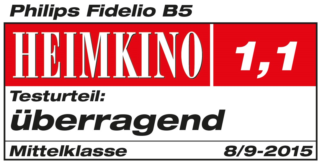 Heimkino Testlabel, Philips Fidelio B5, Note: überragend, 1,1, Mittelklasse, 8/9-2015.