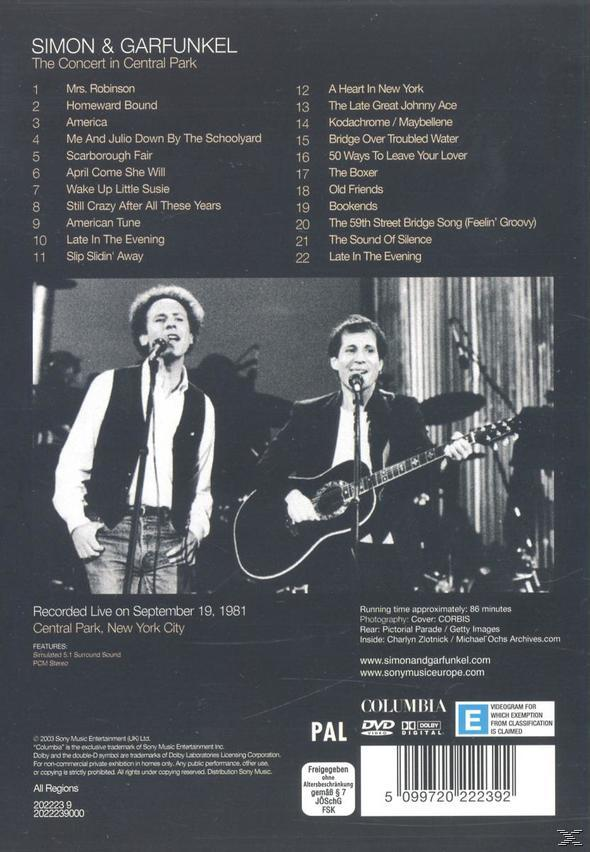 Simon & Garfunkel Konzert-DVD-Cover mit Darstellern auf der Bühne.