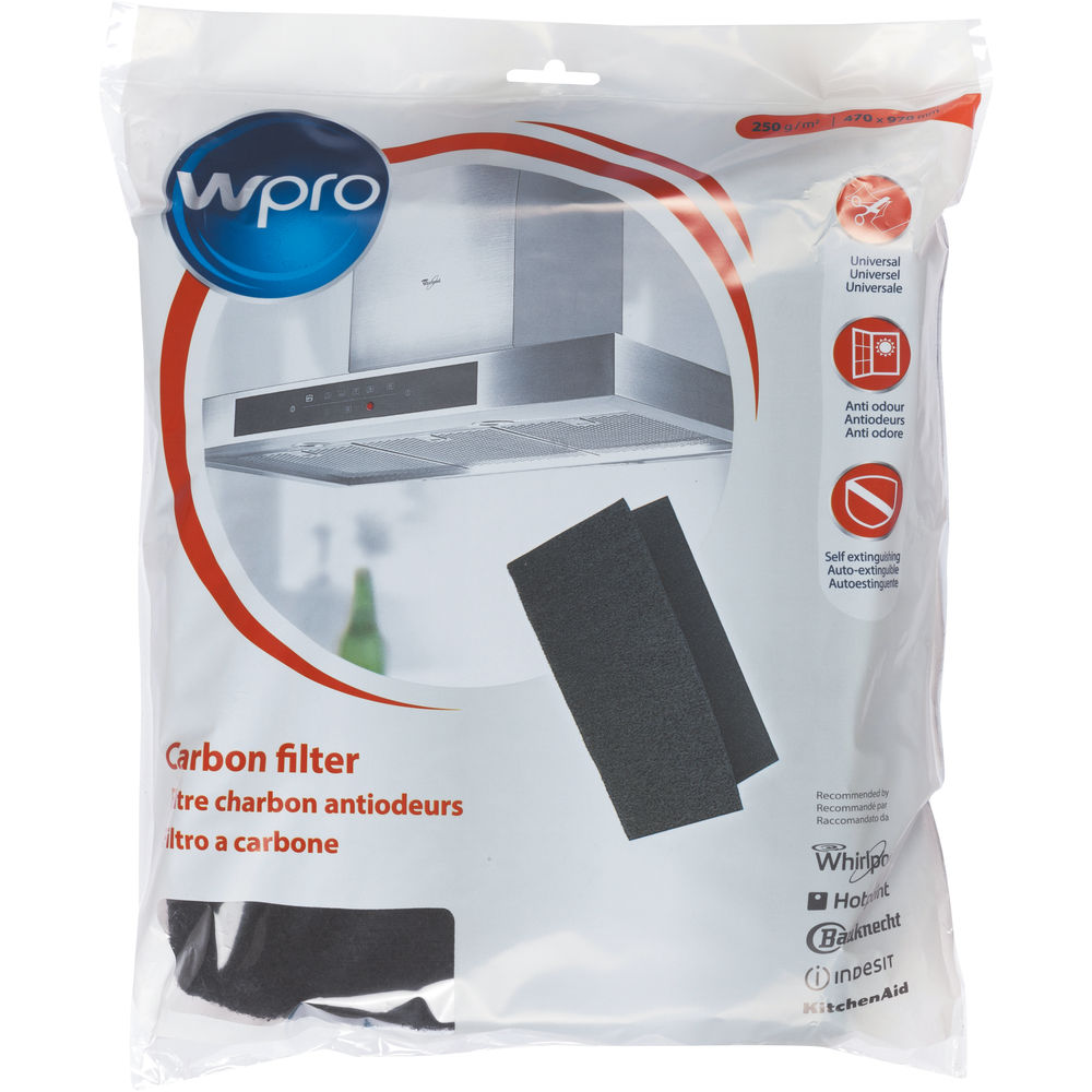 Wpro koolstoffilter verpakking. Bevat twee zwarte filters. Witte en transparante verpakking.