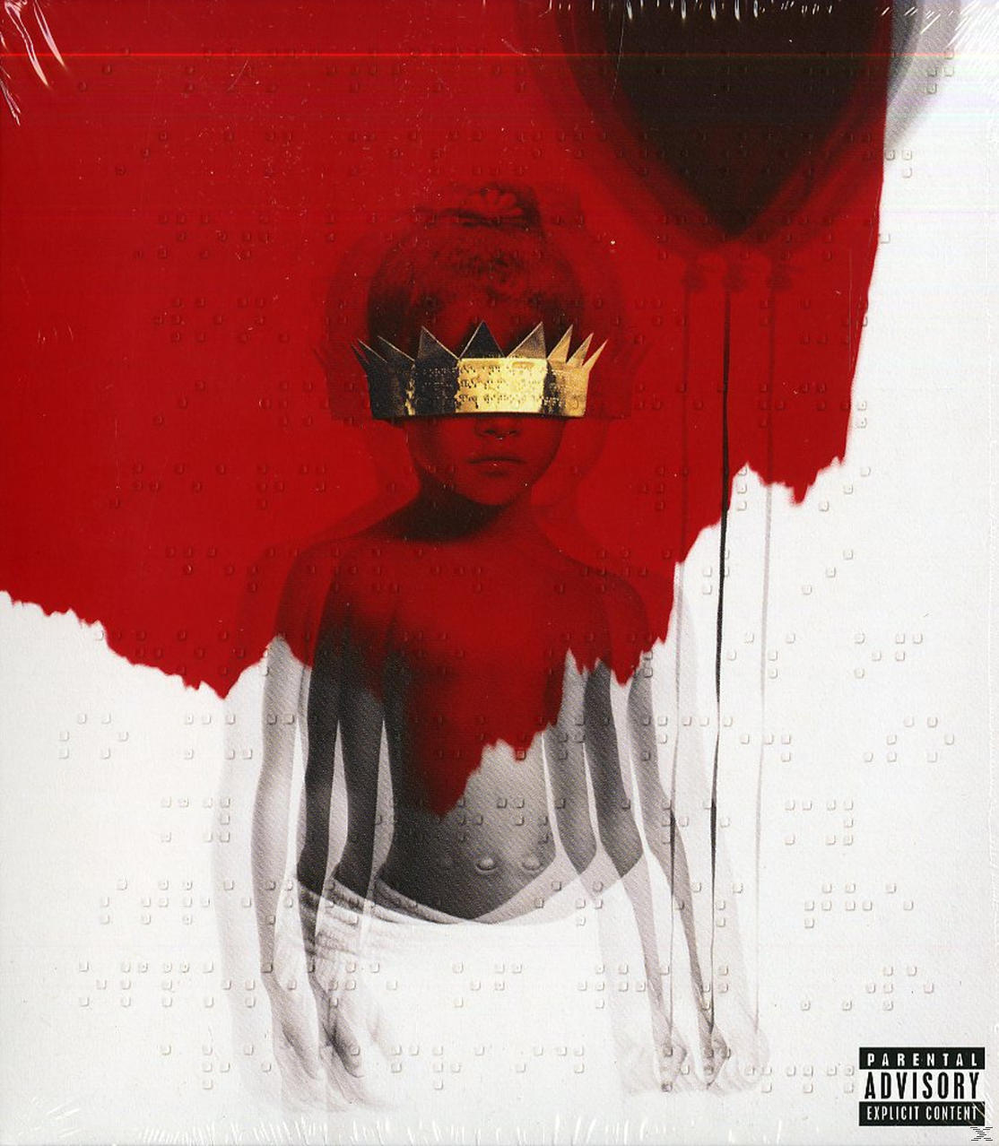 Rihanna album borítója koronával a szemén, piros háttérrel.