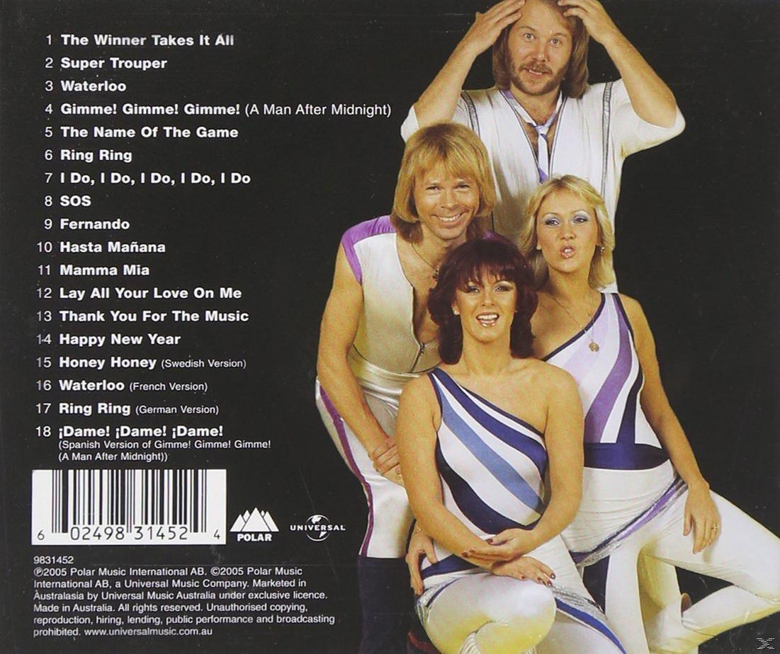 Pochette d'album ABBA. Cinq personnes posent, liste des chansons visible. Logos 'Universal' et 'Polar'.