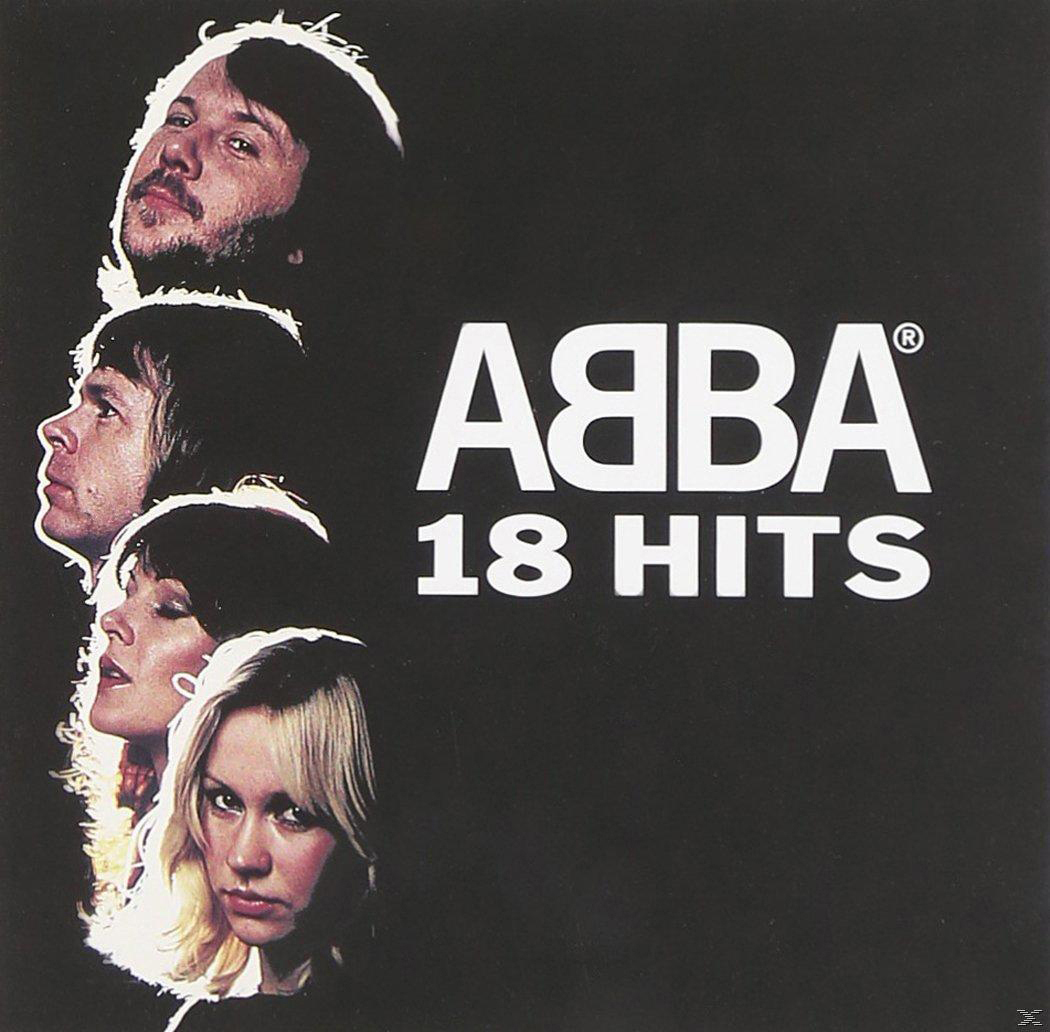 Pochette de l'album ABBA. Les visages des quatre membres du groupe sur fond noir. Texte : ABBA 18 HITS.