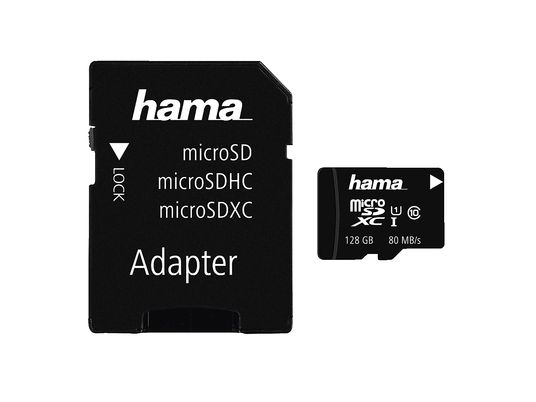 HAMA 124160 UHS-I CL10 +AD - Micro-SDHC-Cartes mémoire  (128 GB, 80, Noir)