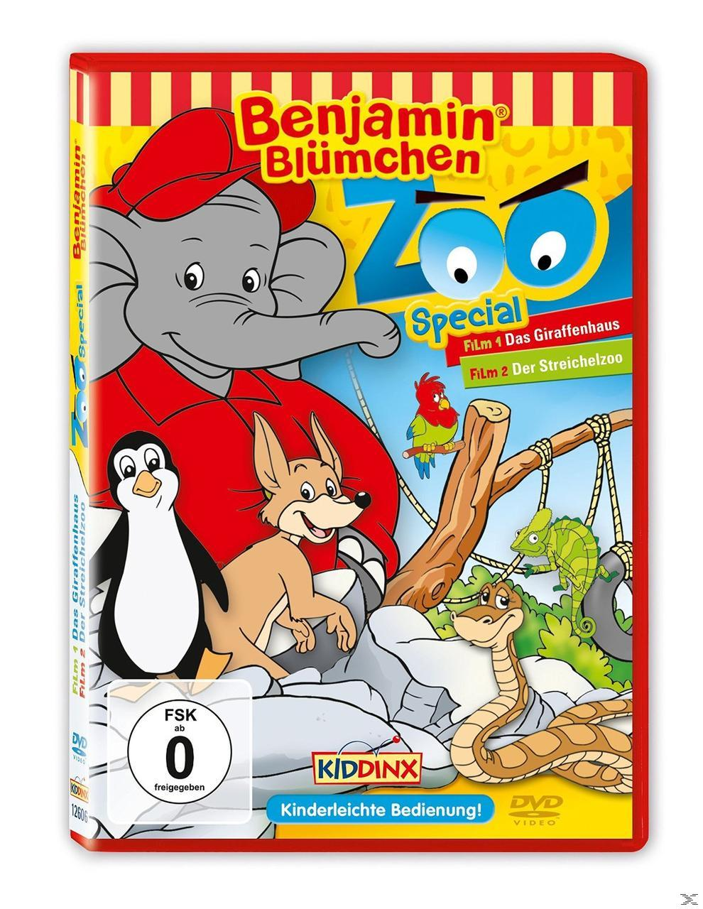 DVD-Cover für 'Benjamin Blümchen Zoo'. Cartoon eines Elefanten, Pinguins, Fuchses, einer Schlange, eines Papageis und eines Chamäleons.