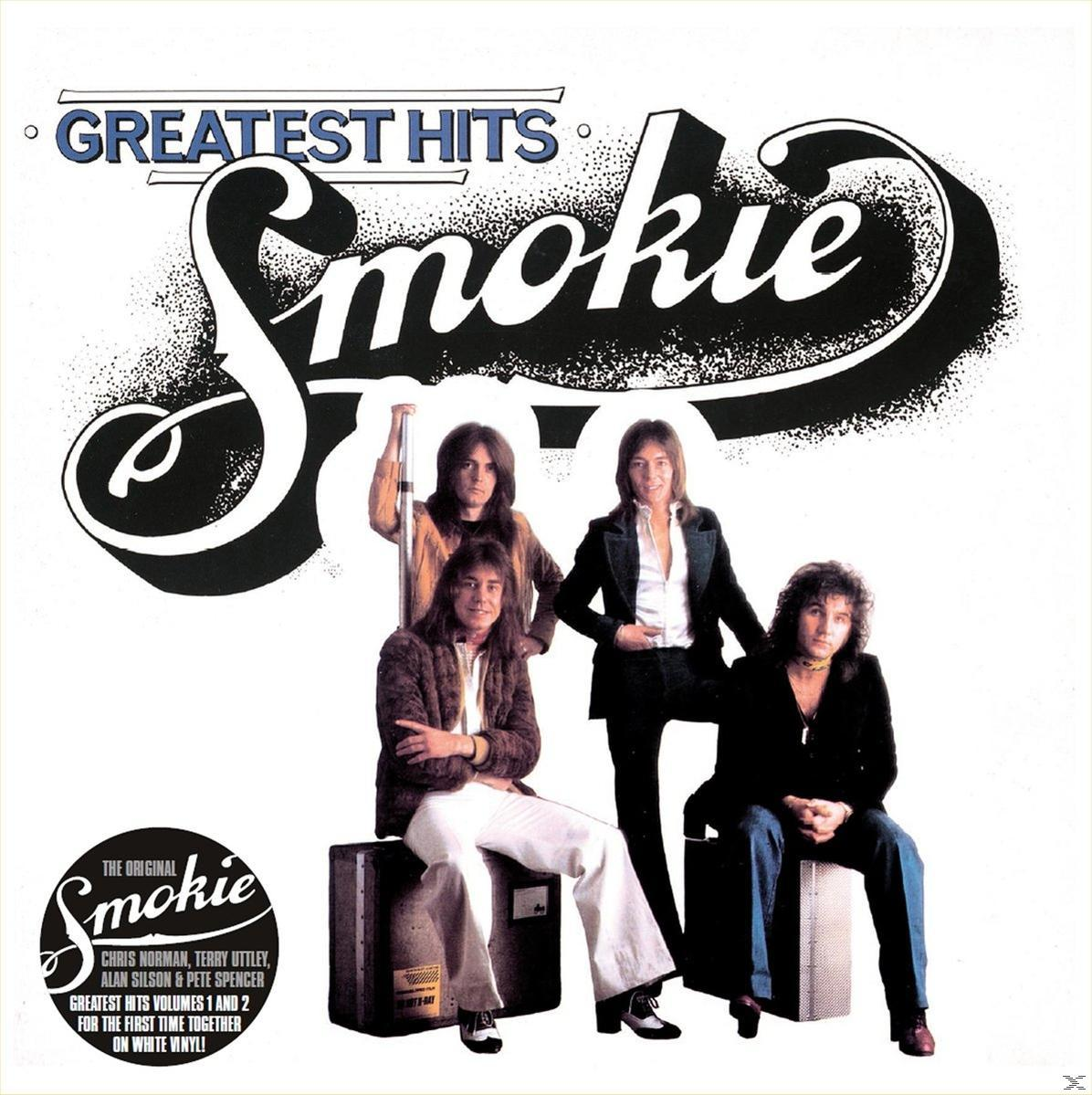 Smokie Albumcover mit Bandmitgliedern. Titel: Greatest Hits, Bandname in großer, stilisierter Schrift.