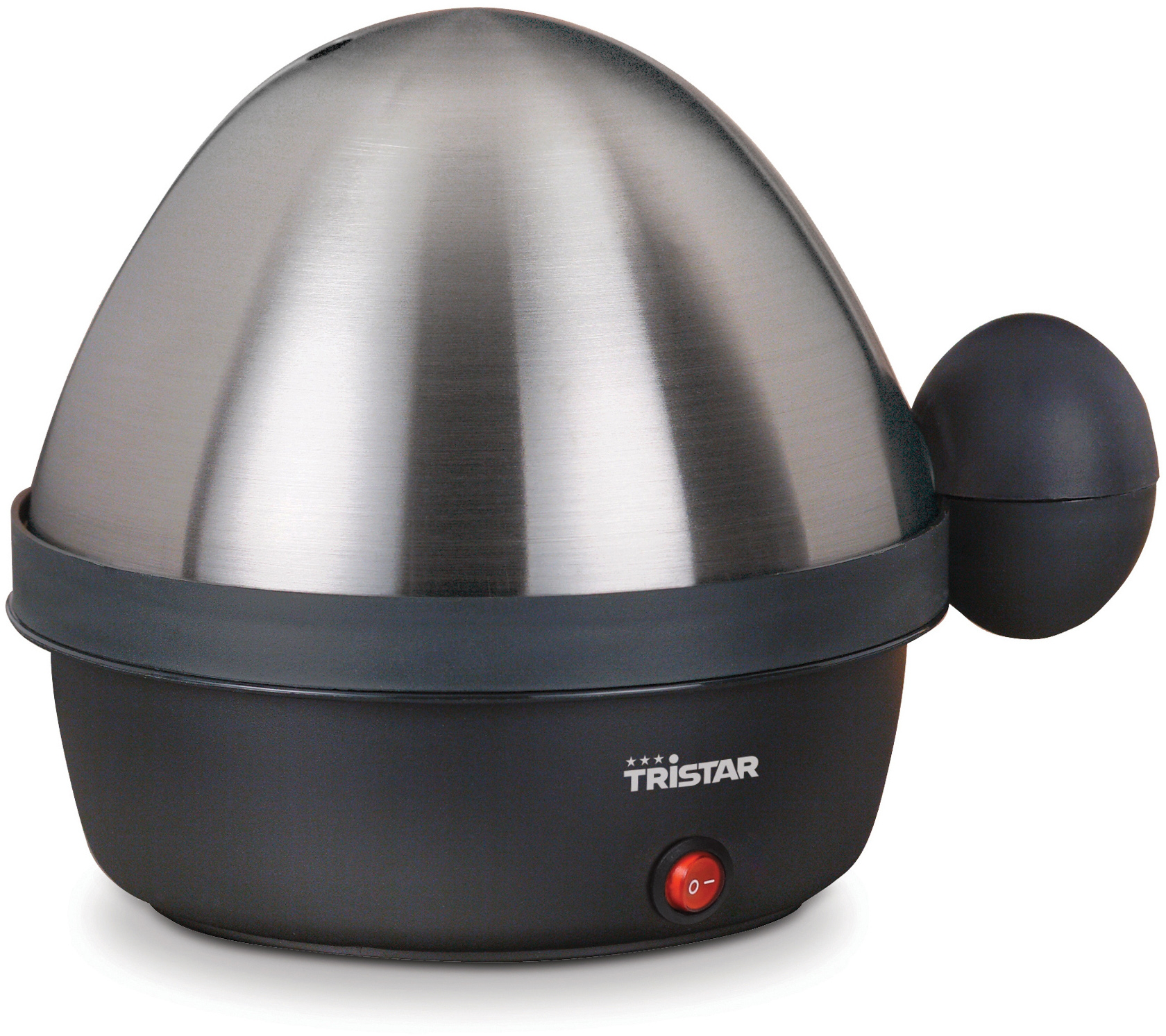 Cuiseur à œufs avec un dessus en acier inoxydable et une base noire, avec un bouton d'alimentation.