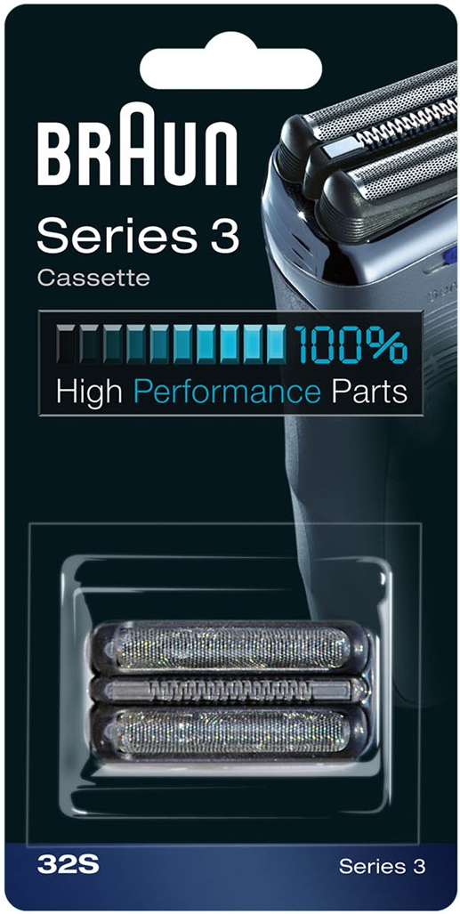 Braun Series 3 scheerapparaat vervangende cassetteverpakking met scheerkoppen zichtbaar.