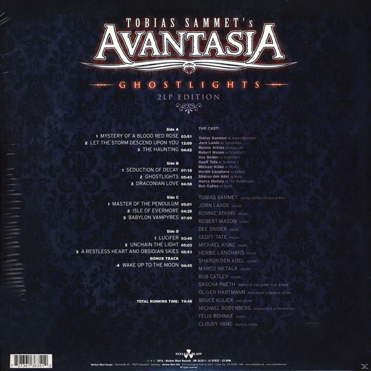 Albumcover mit Text und Titelliste. Künstler ist Tobias Sammet's Avantasia. Das Bild ist dunkel mit Text.