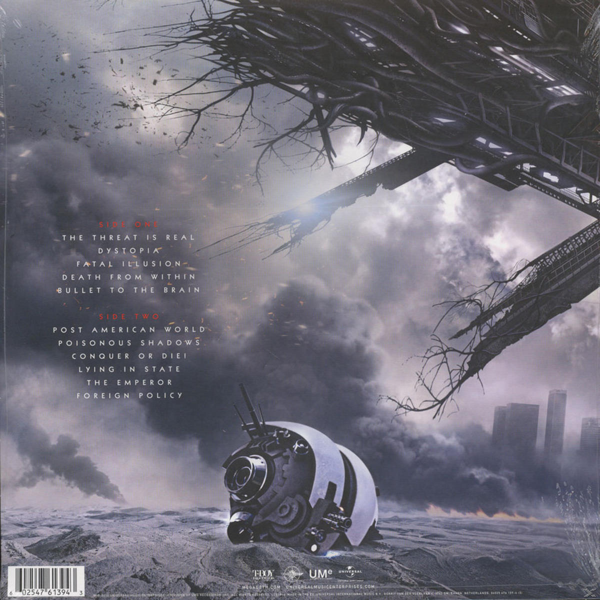 Albumcover. Sci-Fi-Landschaft. Dunkle Wolken, eine mechanische Struktur und eine futuristische Skyline.