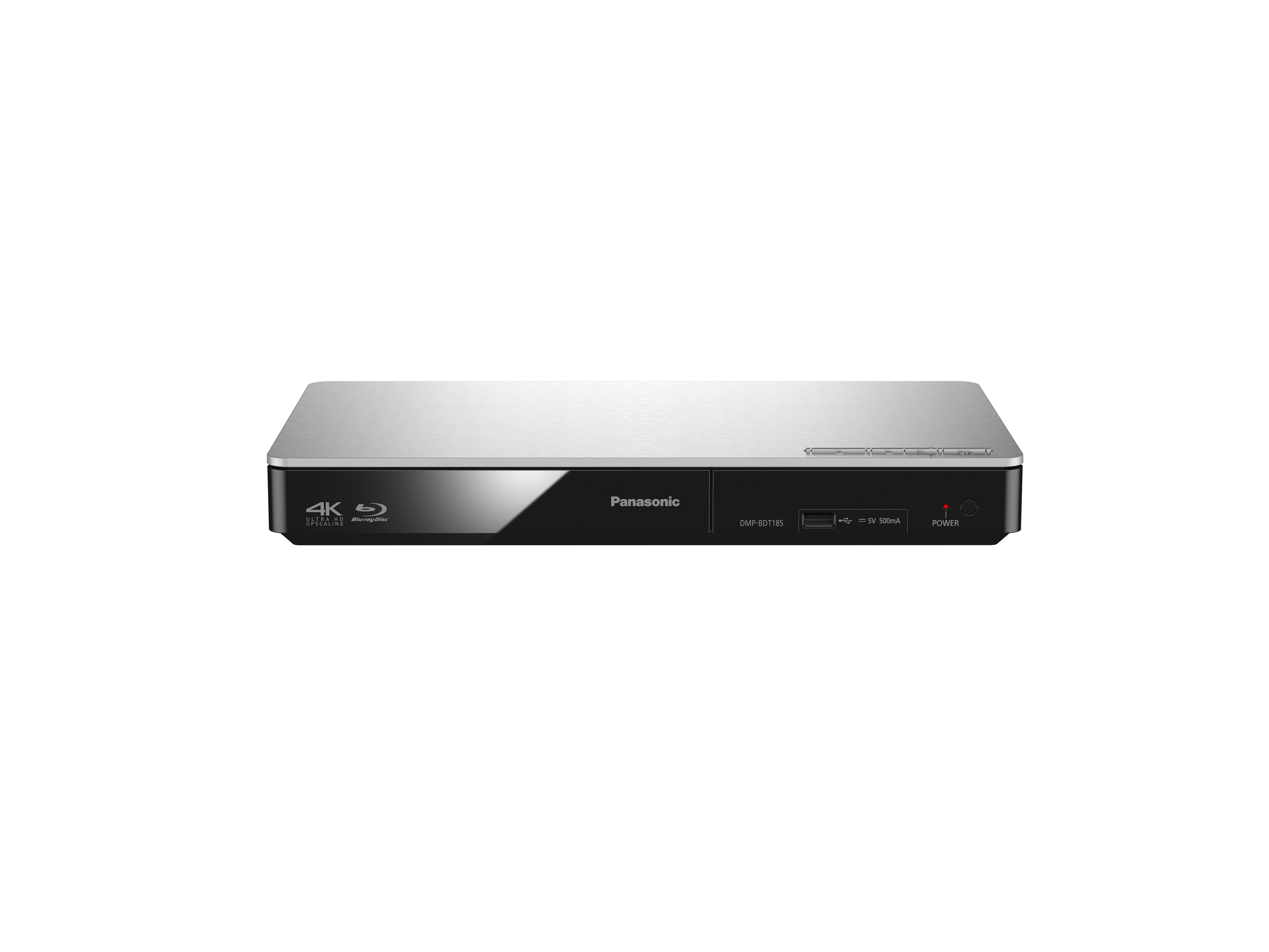Panasonic Blu-ray-Player auf weißer Oberfläche. Es hat ein schlankes, silbernes Design.