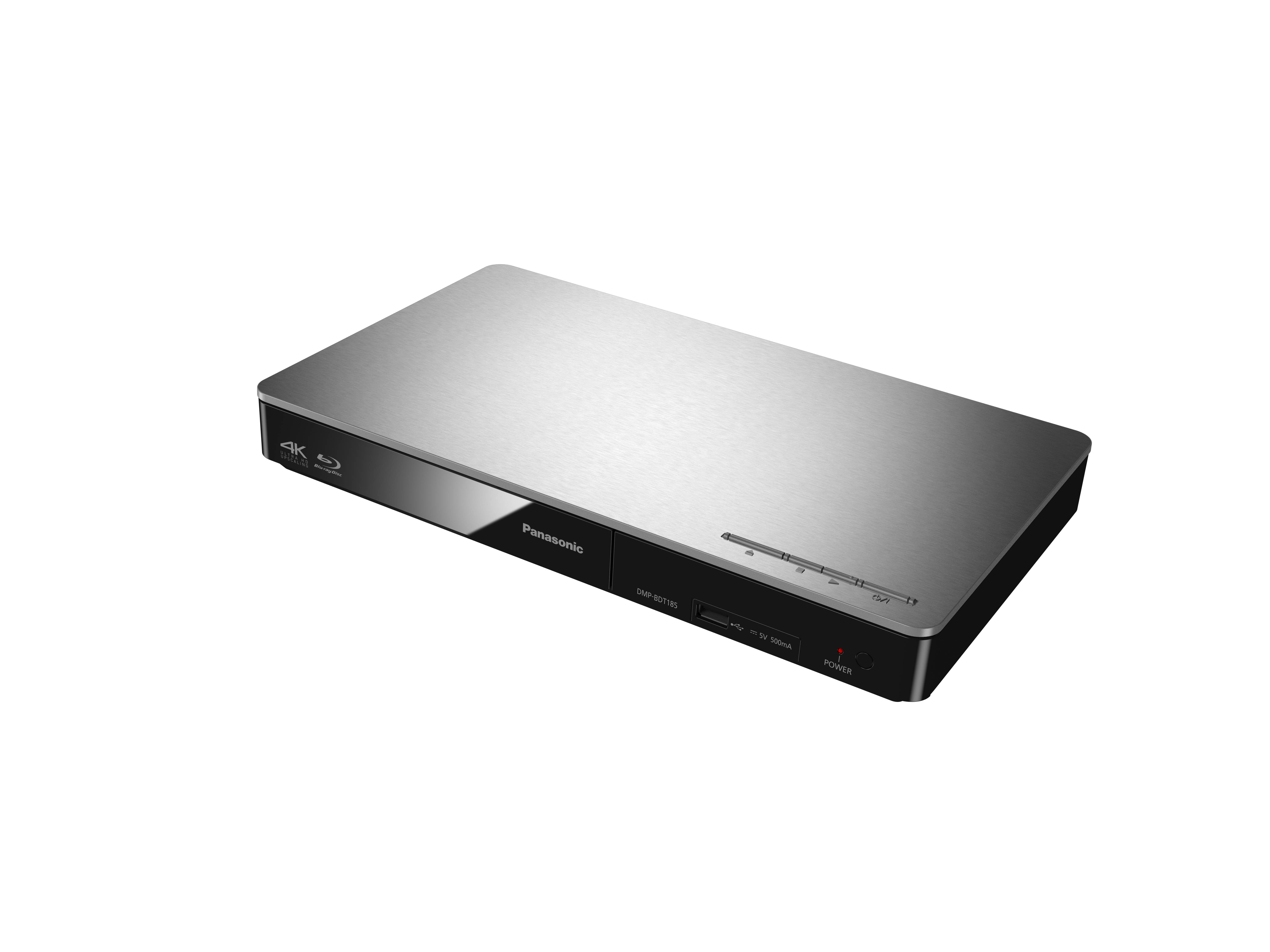 Silberner Blu-ray-Player mit schwarzer Frontplatte und silberner Oberseite, auf weißem Hintergrund.