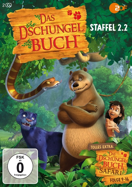 DVD-Cover für 'Das Dschungelbuch'. Die Charaktere sind ein Bär, ein Panther, eine Schlange und ein Junge.