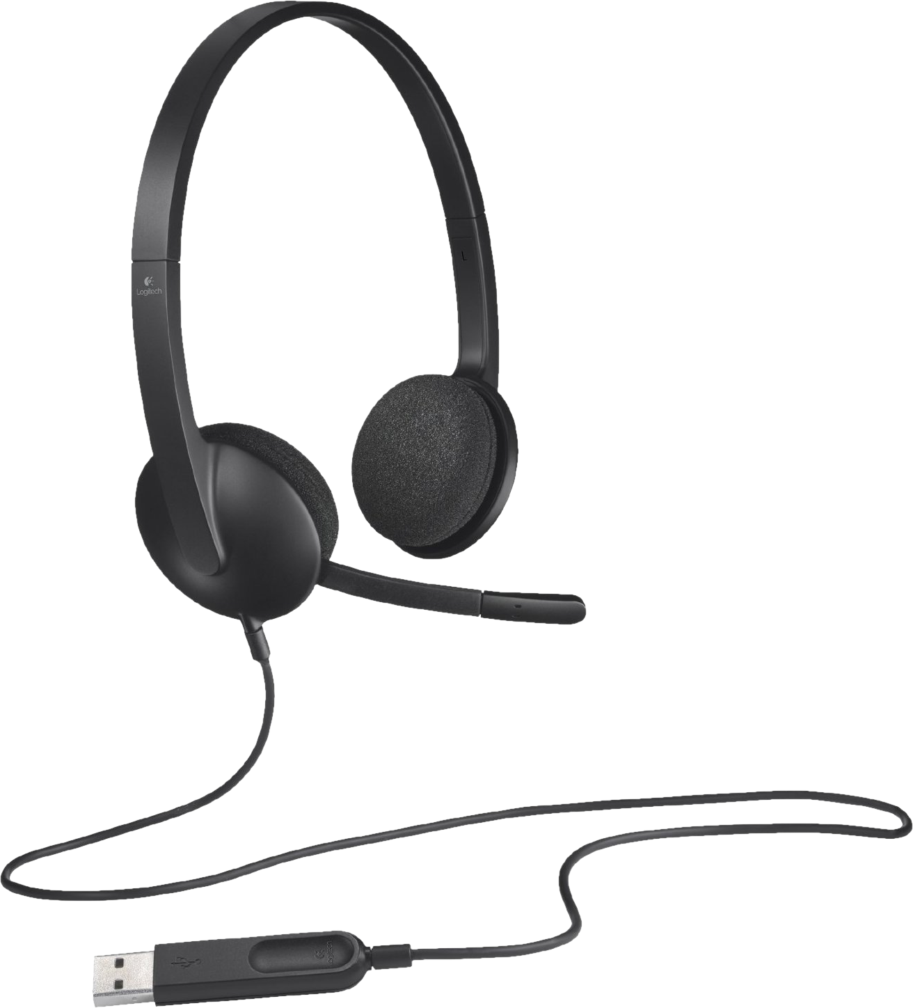 Fekete Logitech fejhallgató USB csatlakozóval és mikrofonnal.
