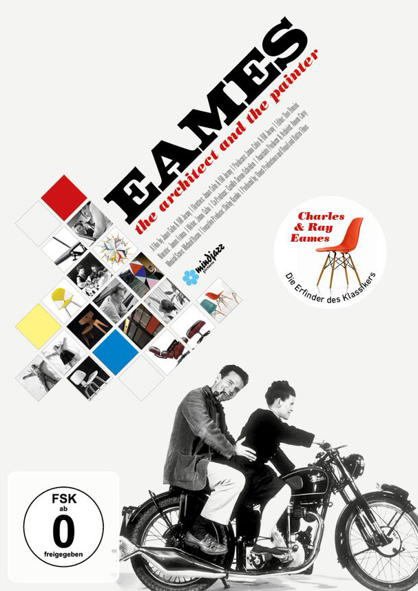 DVD-Cover von 'Eames', mit einem Mann auf einem Motorrad und einer Collage von Bildern.