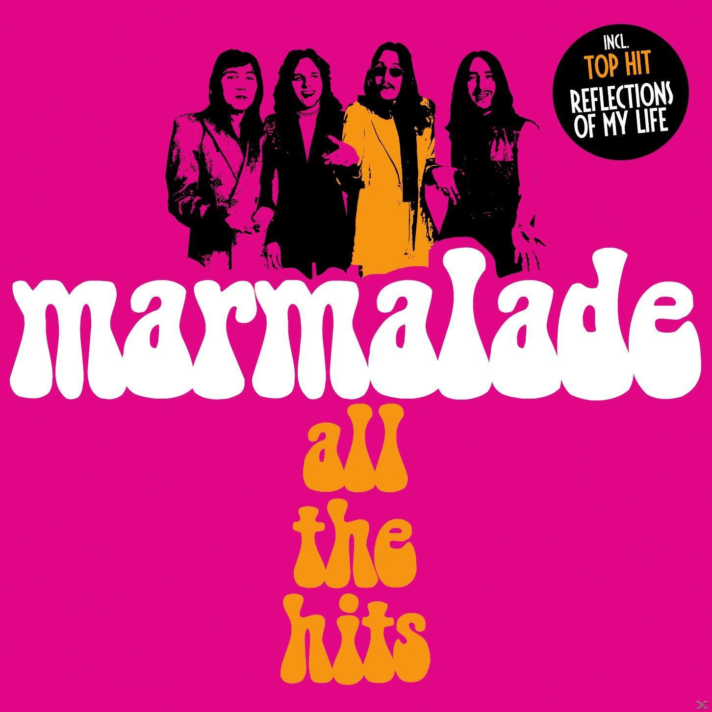 Albumcover mit vier Bandmitgliedern auf pinkfarbenem Hintergrund. Der Bandname "marmalade" ist weiß.