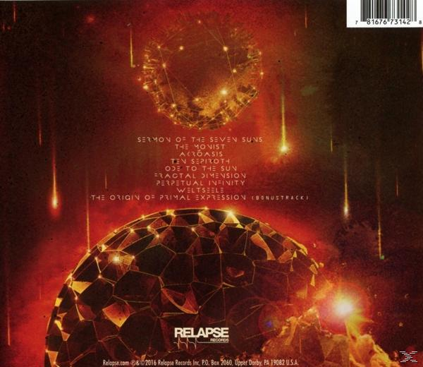 CD-Rückseite mit dunkler, Weltraum-Illustration und Titelliste. Das Logo von Relapse Records ist sichtbar.