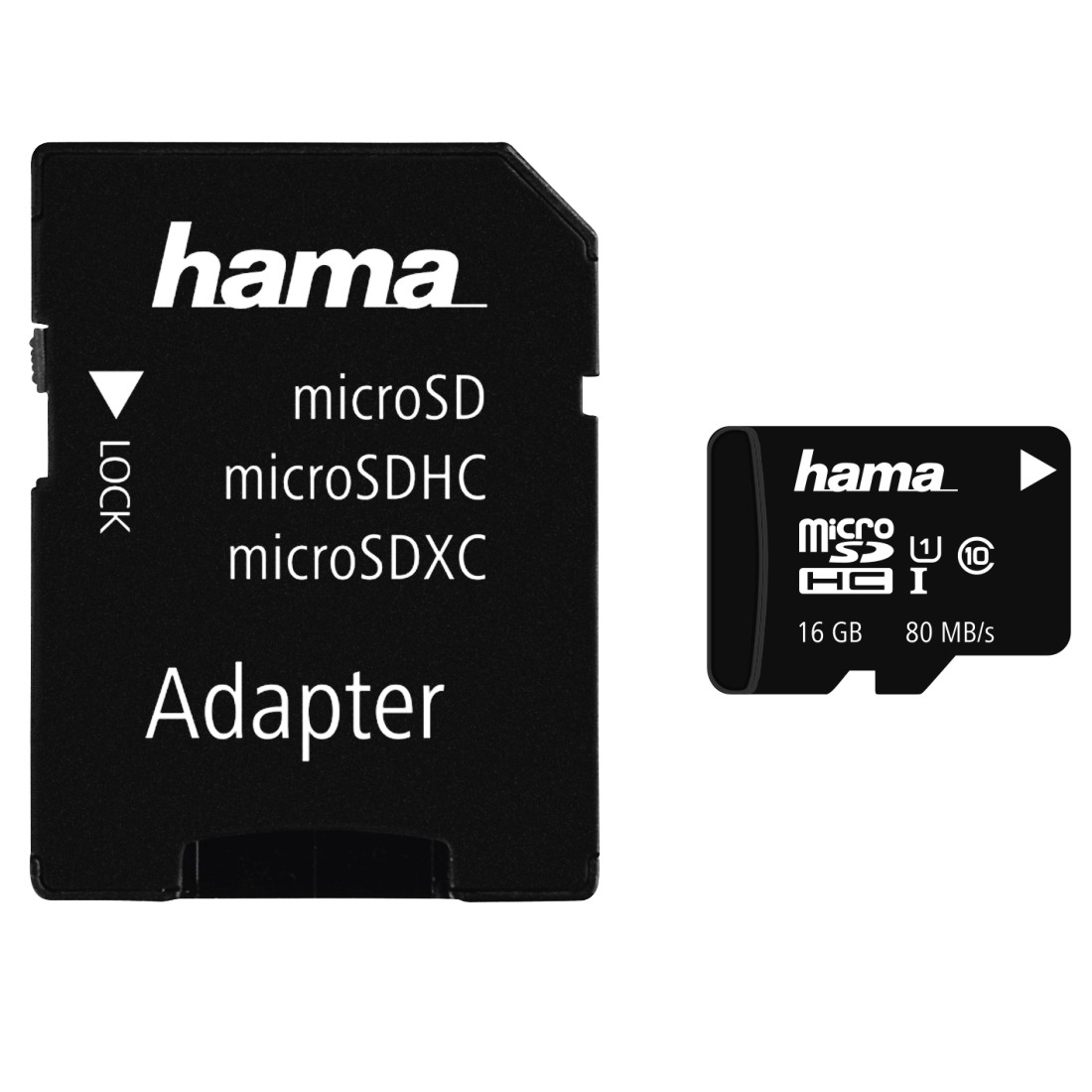 Schwarze Hama microSD-Karte und Adapter. Die Karte liest 16 GB und 80 MB/s, mit einem Verriegelungsschalter.