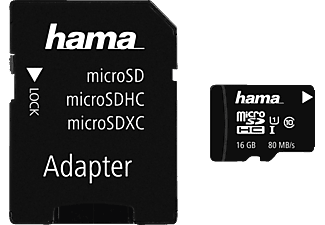 HAMA hama microSDHC 16GB Class 10 UHS-I 80MB/s + adaptateur SD - Noir - Micro-SDHC-Schede di memoria  (16 GB, 80, Nero)