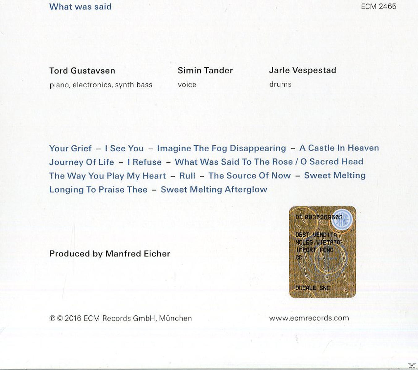 CD-Rückseite mit Text über das Album 'What was said', produziert von Manfred Eicher.