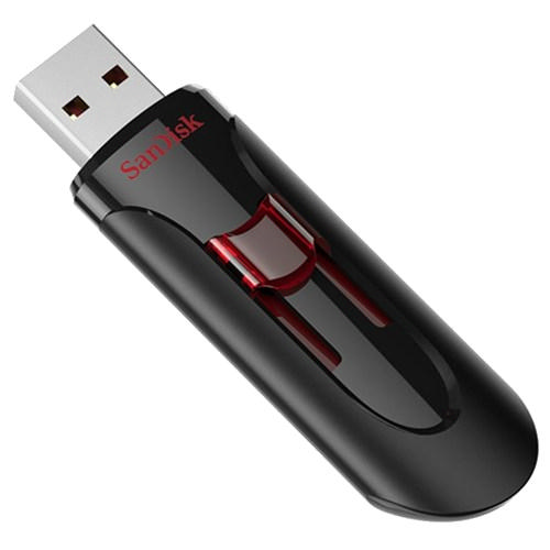 Siyah ve kırmızı USB flash sürücü. 'SanDisk' marka adı kırmızı renkte görünüyor.