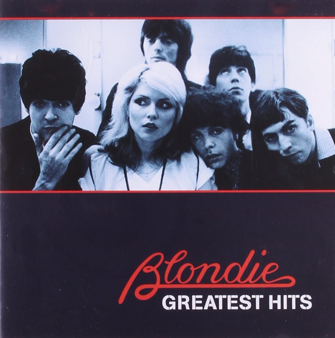Blondie albumhoes met bandleden en tekst: 'Greatest Hits' in rood en zwart.