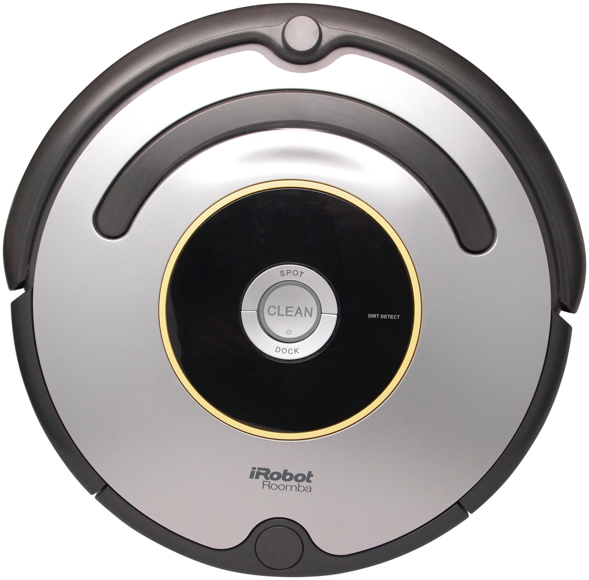 Ein kreisförmiger iRobot Roomba Staubsauger. Er hat einen silbernen Körper, einen schwarzen Stoßfänger und eine Mitte mit einem Gold- und Schwarz-Kreis.