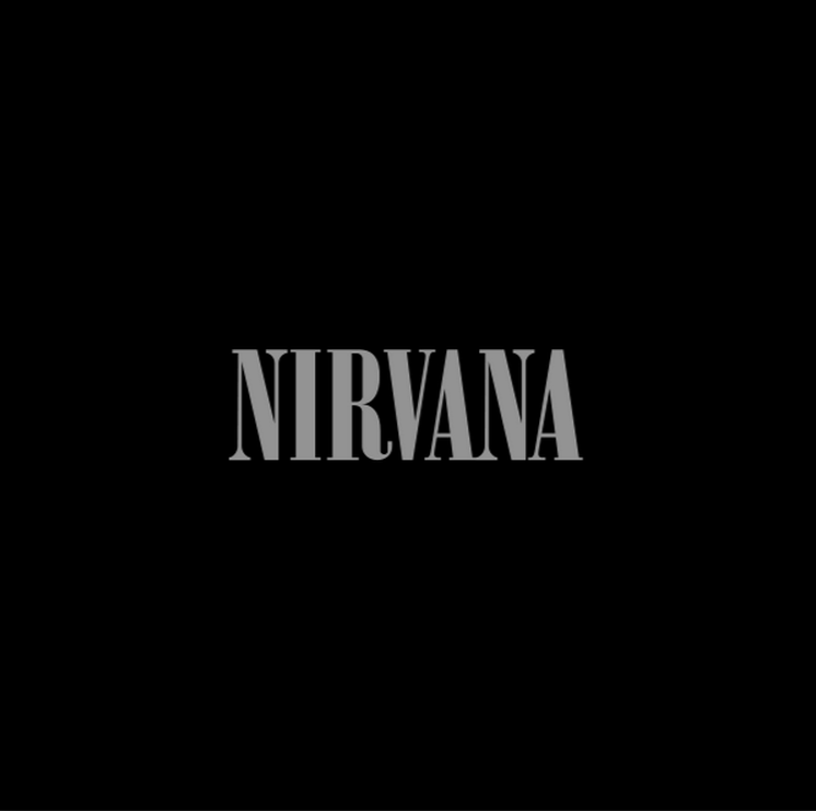 Het woord 'NIRVANA' in een eenvoudige, schreefloze lettertype, gecentreerd op een zwarte achtergrond.