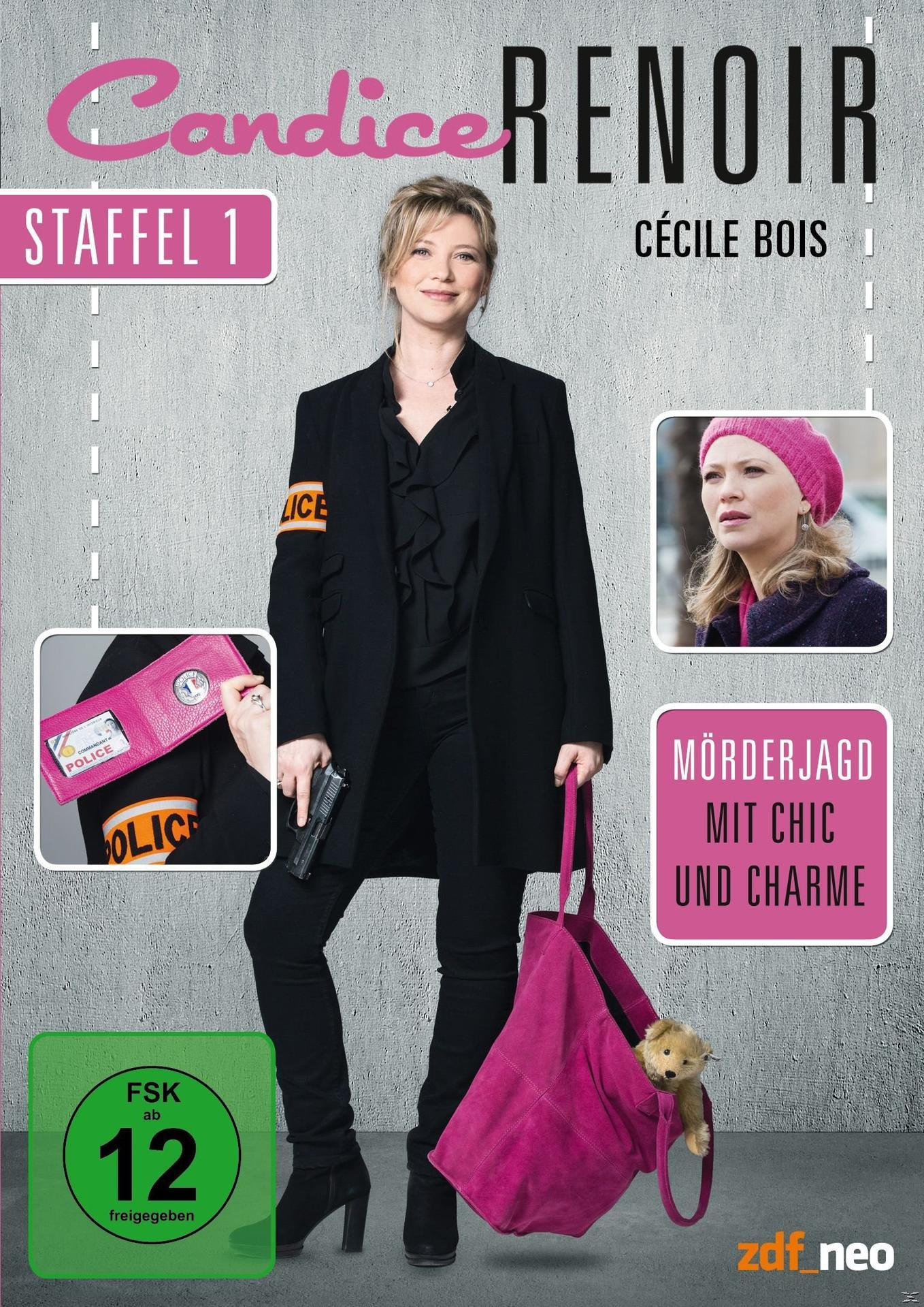 Frau in schwarzem Mantel, hält eine Pistole und eine pinke Handtasche. Linke Seite pinker Text.