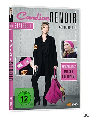 DVD-Cover für die Candice Renoir-Serie. Eine Frau in Schwarz steht mit einer Waffe und einer Tasche. Text ist sichtbar.