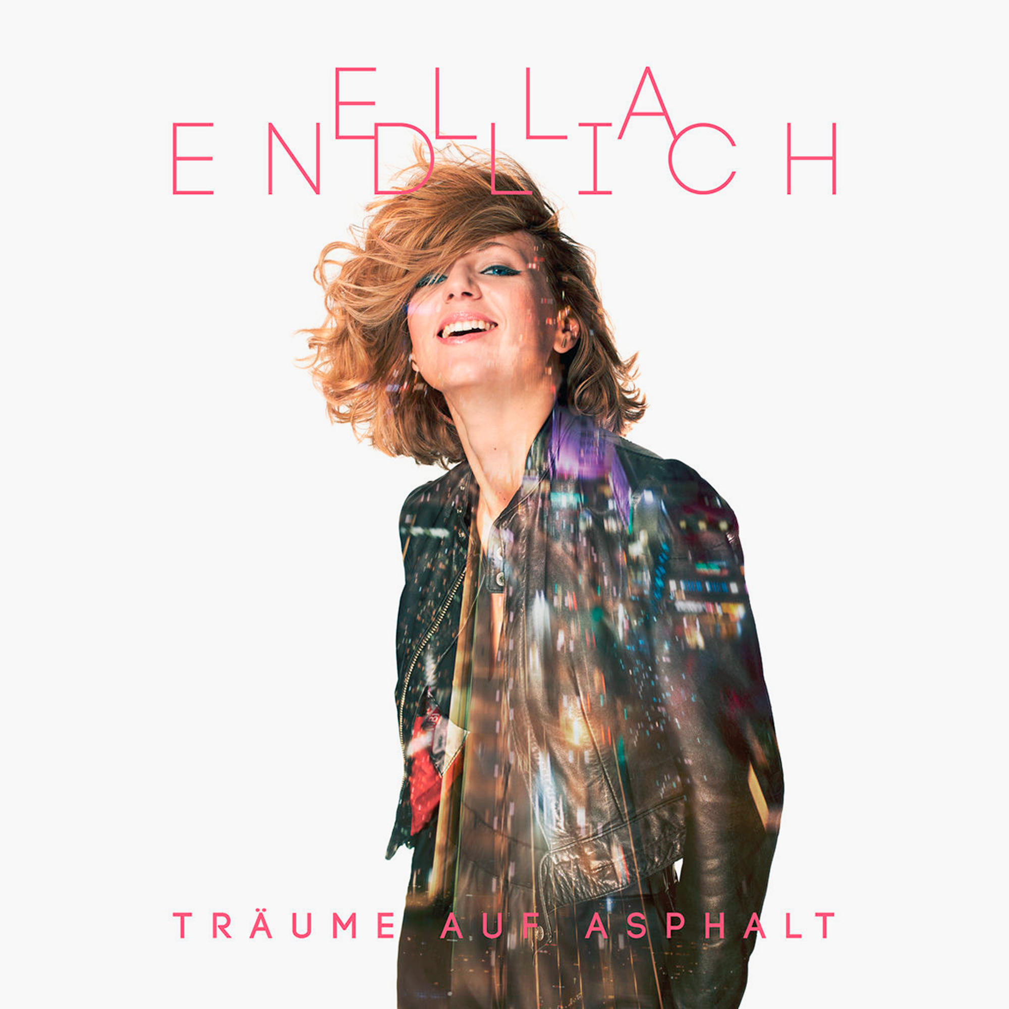 Albumcover: Endlich - Träume auf Asphalt. Eine Frau mit überlagerten Stadtlichtern. Rosa Text.