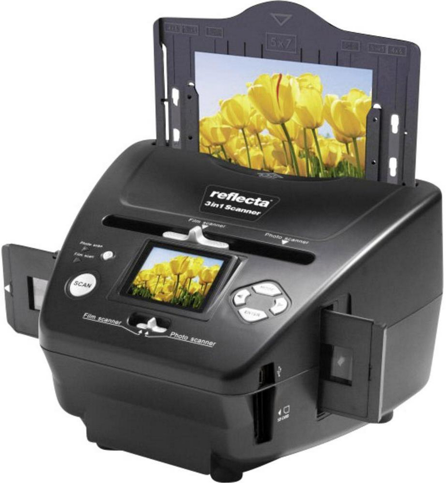Zwarte scanner met open deksel met foto van gele tulpen. De scanner heeft knoppen en een scherm.