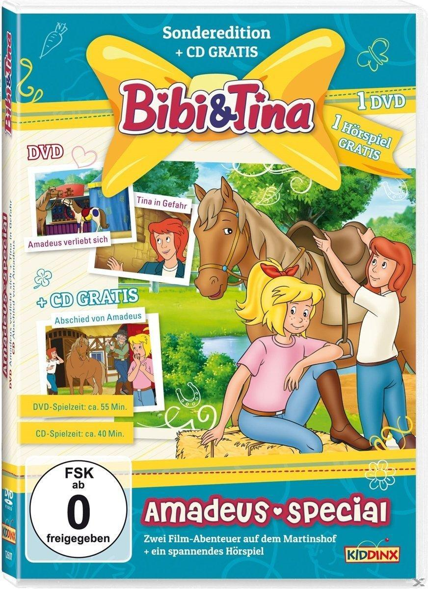 DVD-Cover des Zeichentrickfilms 'Bibi & Tina' mit Zeichentrickfiguren und einem Pferd.