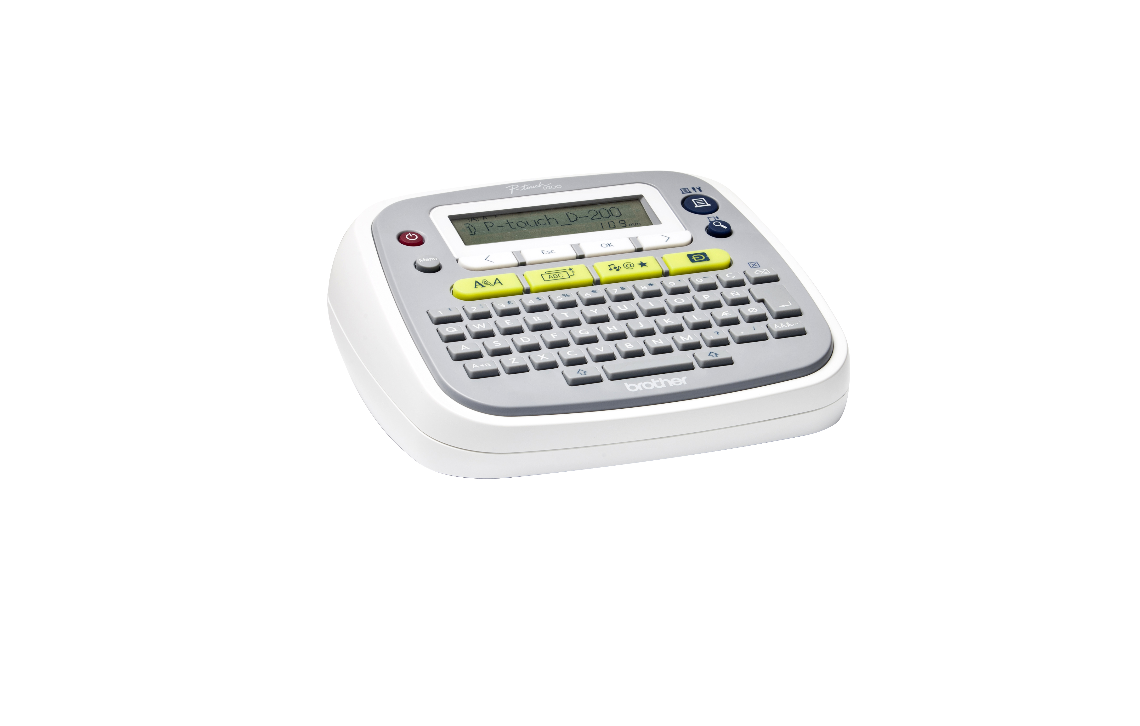 Weiß-graues Brother P-touch-Etikettiergerät mit QWERTZ-Tastatur und Display.