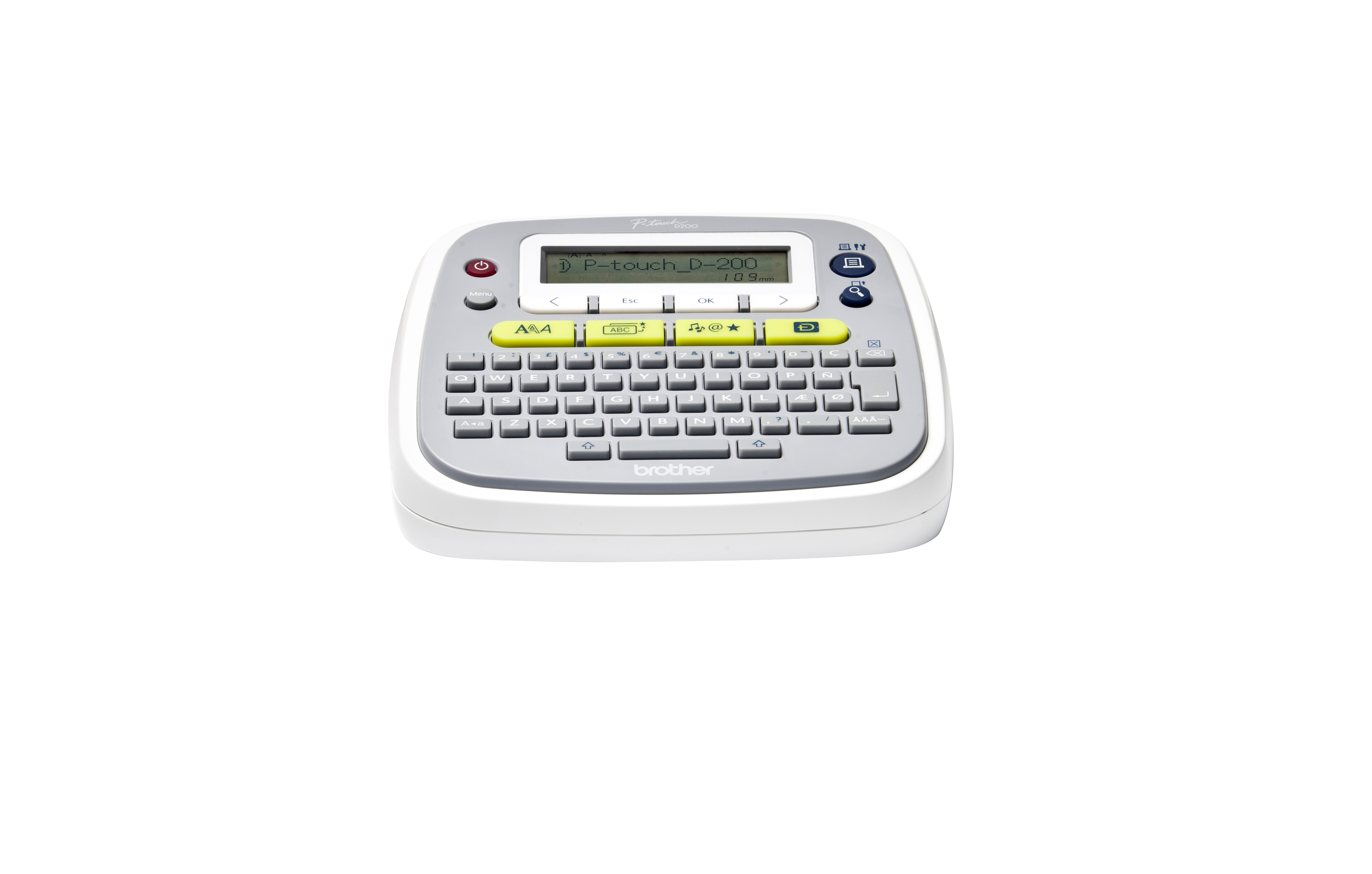 Ein weißer Brother P-touch Etikettendrucker. Er hat eine Tastatur, ein Display und Tasten für verschiedene Funktionen.