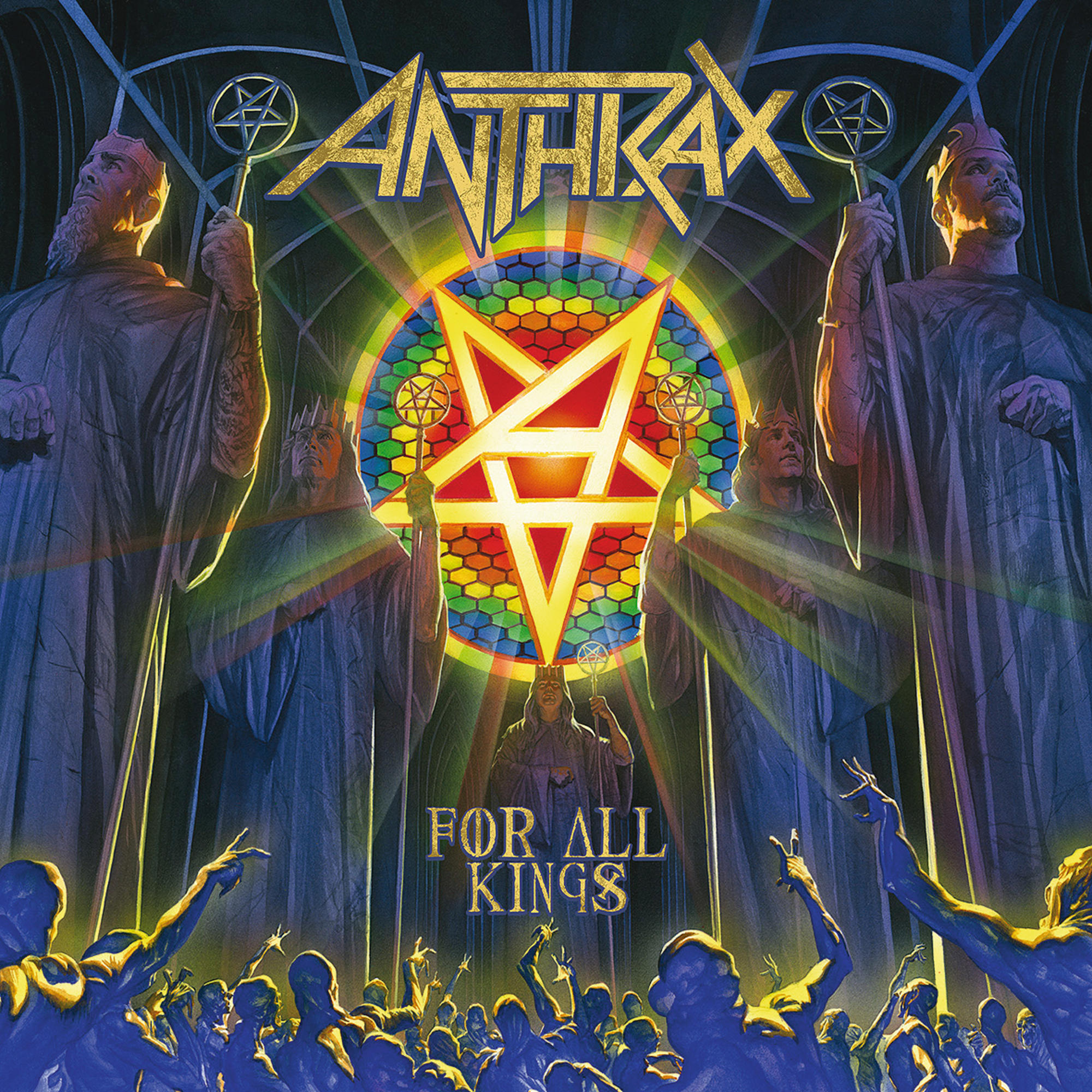 Anthrax logós album borító figurákkal és ólomüveggel.