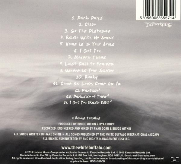 Album-Rückseite mit Graustufenbild und Titelliste.