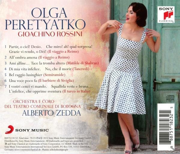 CD-Cover: Olga Peretyatko, in einem gepunkteten Kleid, posiert vor einem Gebäude. Text listet Songtitel auf.