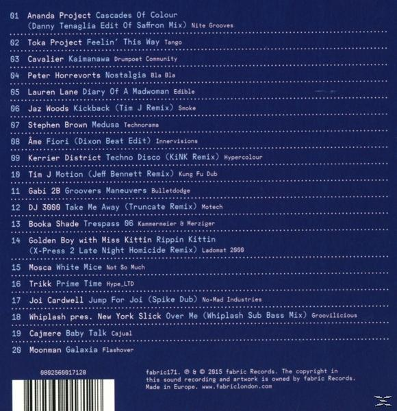 CD-achterkant met tracklijst. Fabric Records-compilatie. Kleine tekst op blauwe achtergrond.